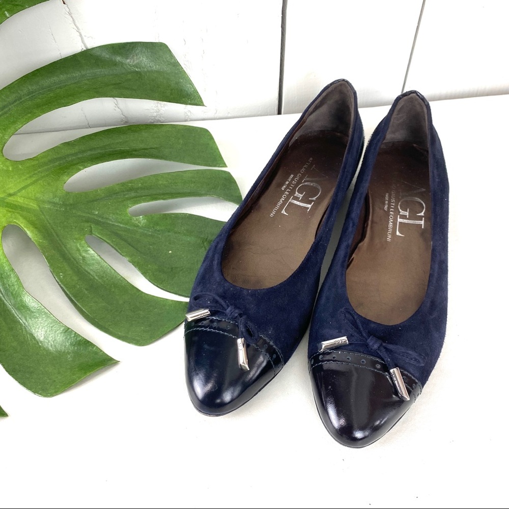 Agl Navy Blue Suede and Patent Leather Ballet Flats